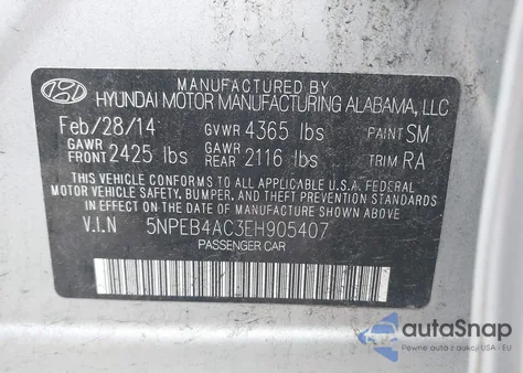 2014 Hyundai Sonata Gls z USA, uszkodzony, nr VIN 5NPEB4AC3EH905407